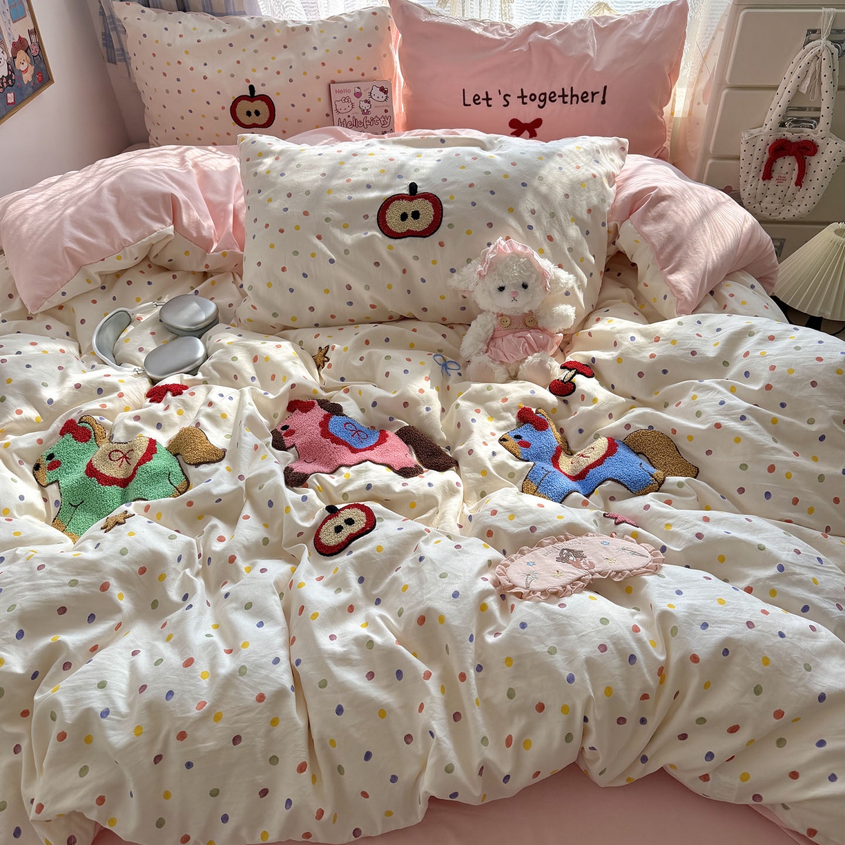 91家纺网 家纺一手货源 找家纺 原素 2026新款新春卡哇伊毛巾绣四件套 马上有福