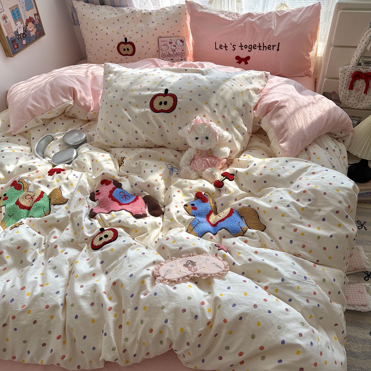 91家纺网 家纺一手货源 找家纺 原素 2026新款新春卡哇伊毛巾绣四件套 马上有福