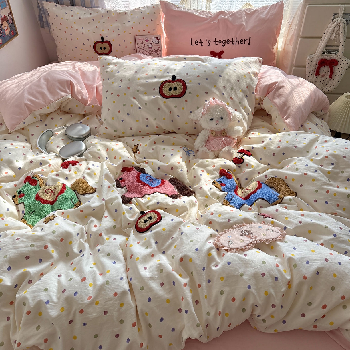 91家纺网 家纺一手货源 找家纺 原素 2026新款新春卡哇伊毛巾绣四件套 马上有福