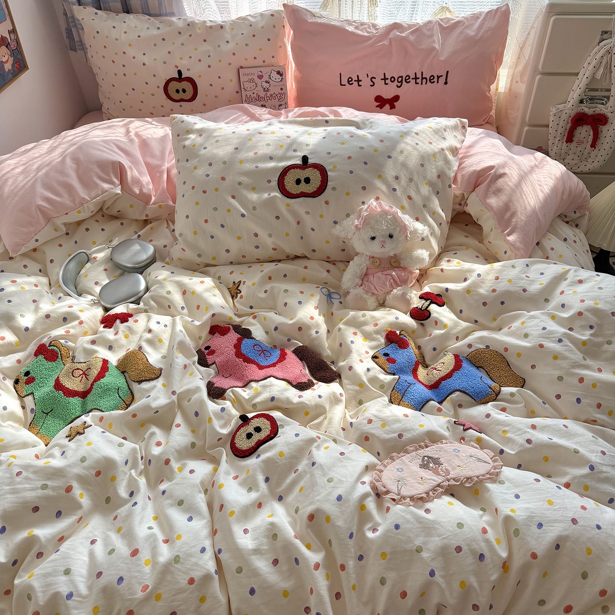 91家纺网 家纺一手货源 找家纺 原素 2026新款新春卡哇伊毛巾绣四件套 马上有福