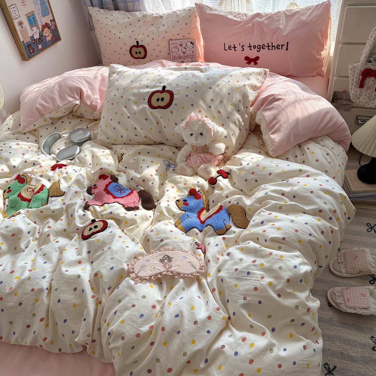 91家纺网 家纺一手货源 找家纺 原素 2026新款新春卡哇伊毛巾绣四件套 马上有福