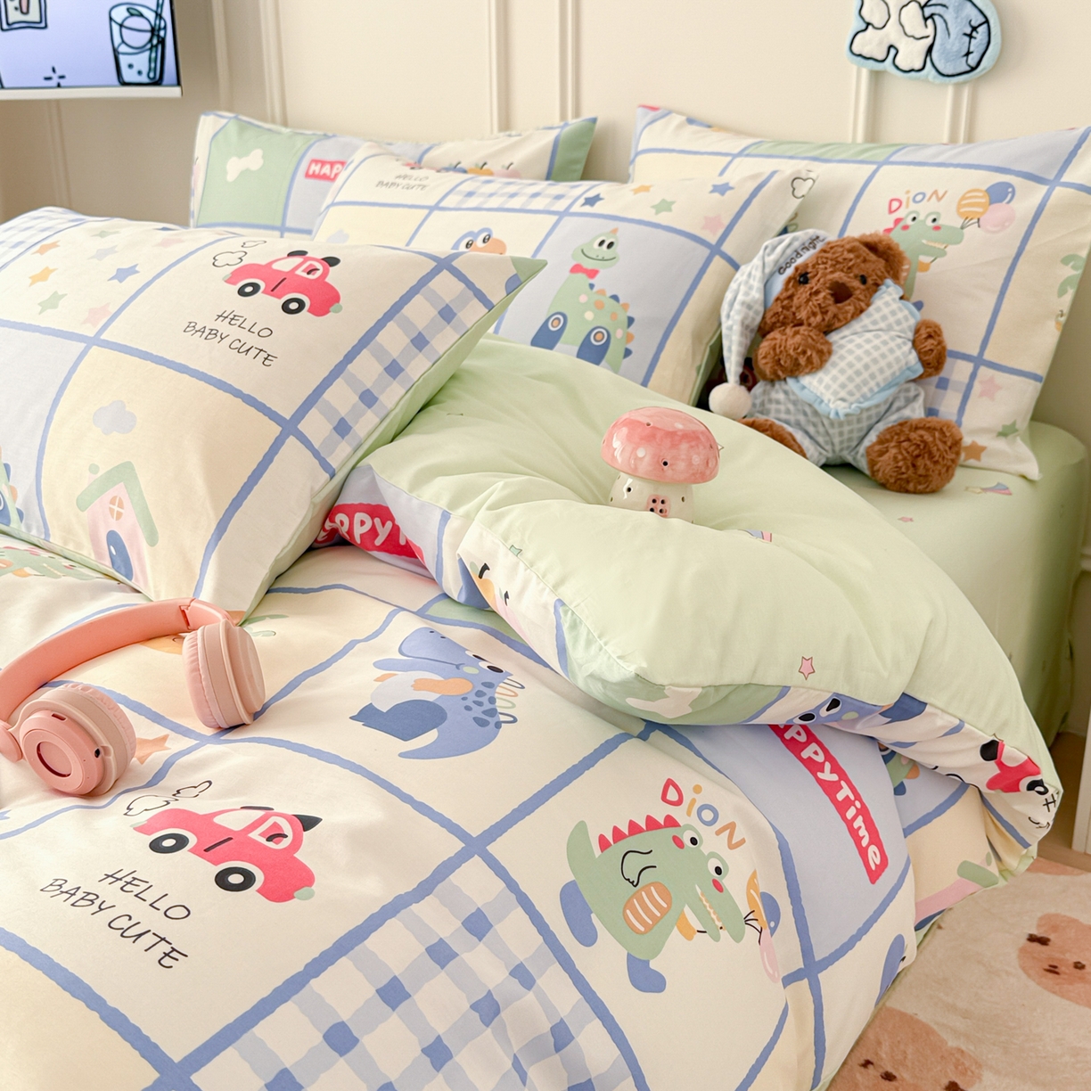 简宜家居（朝初家纺） 2026新款全棉12868卡通印花四件套大耳朵兔兔系列 元气恐龙格