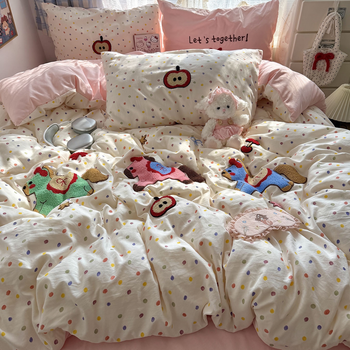 91家纺网 家纺一手货源 找家纺 原素 2026新款新春卡哇伊毛巾绣四件套 马上有福