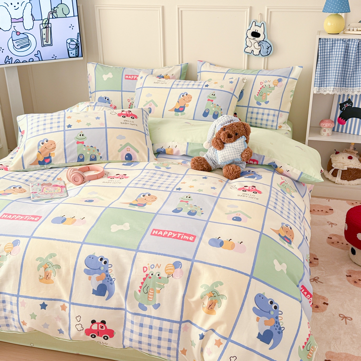 91家纺网 家纺一手货源 找家纺 简宜家居（朝初家纺） 2026新款全棉12868卡通印花四件套大耳朵兔兔系列 元气恐龙格