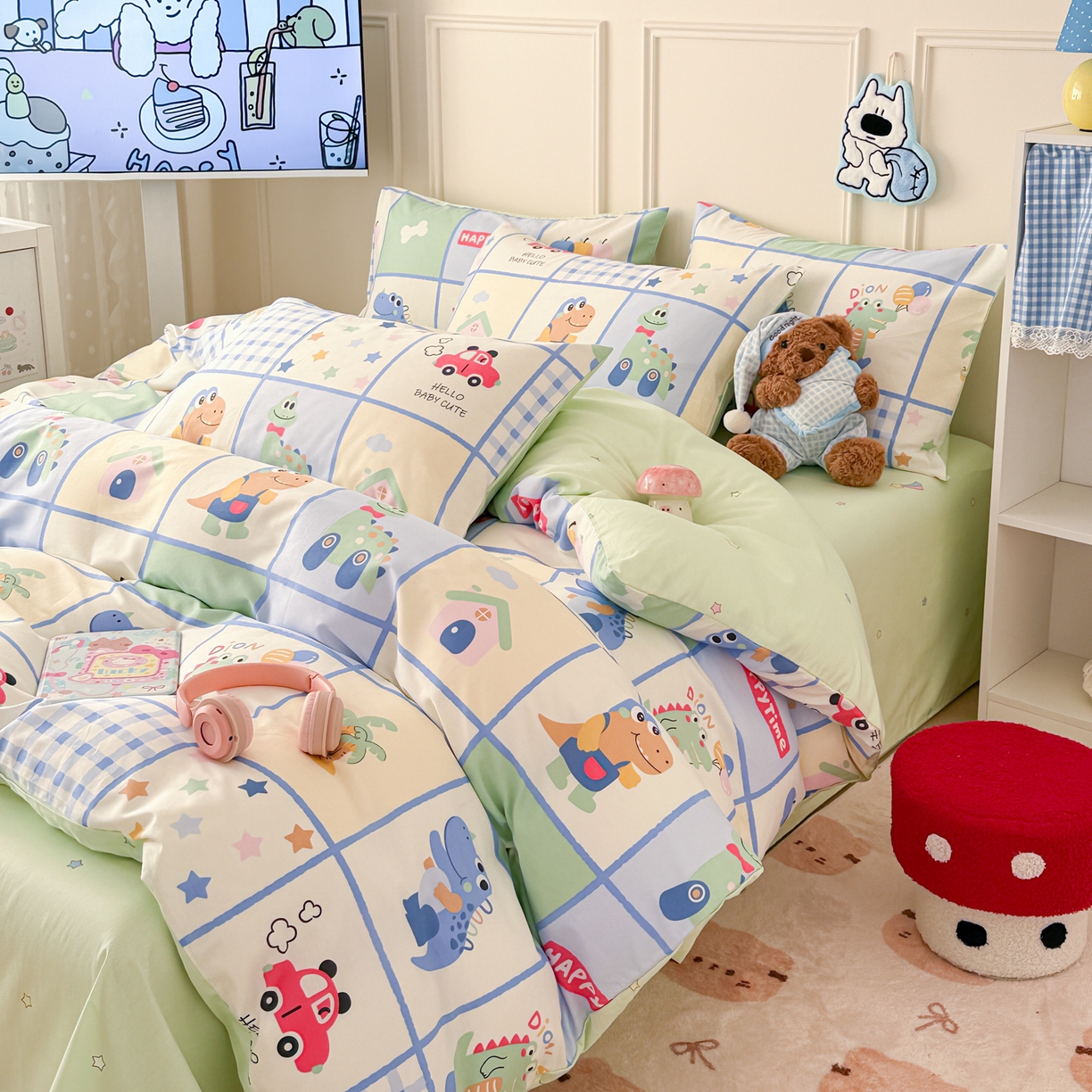 91家纺网 家纺一手货源 找家纺 简宜家居（朝初家纺） 2026新款全棉12868卡通印花四件套大耳朵兔兔系列 元气恐龙格