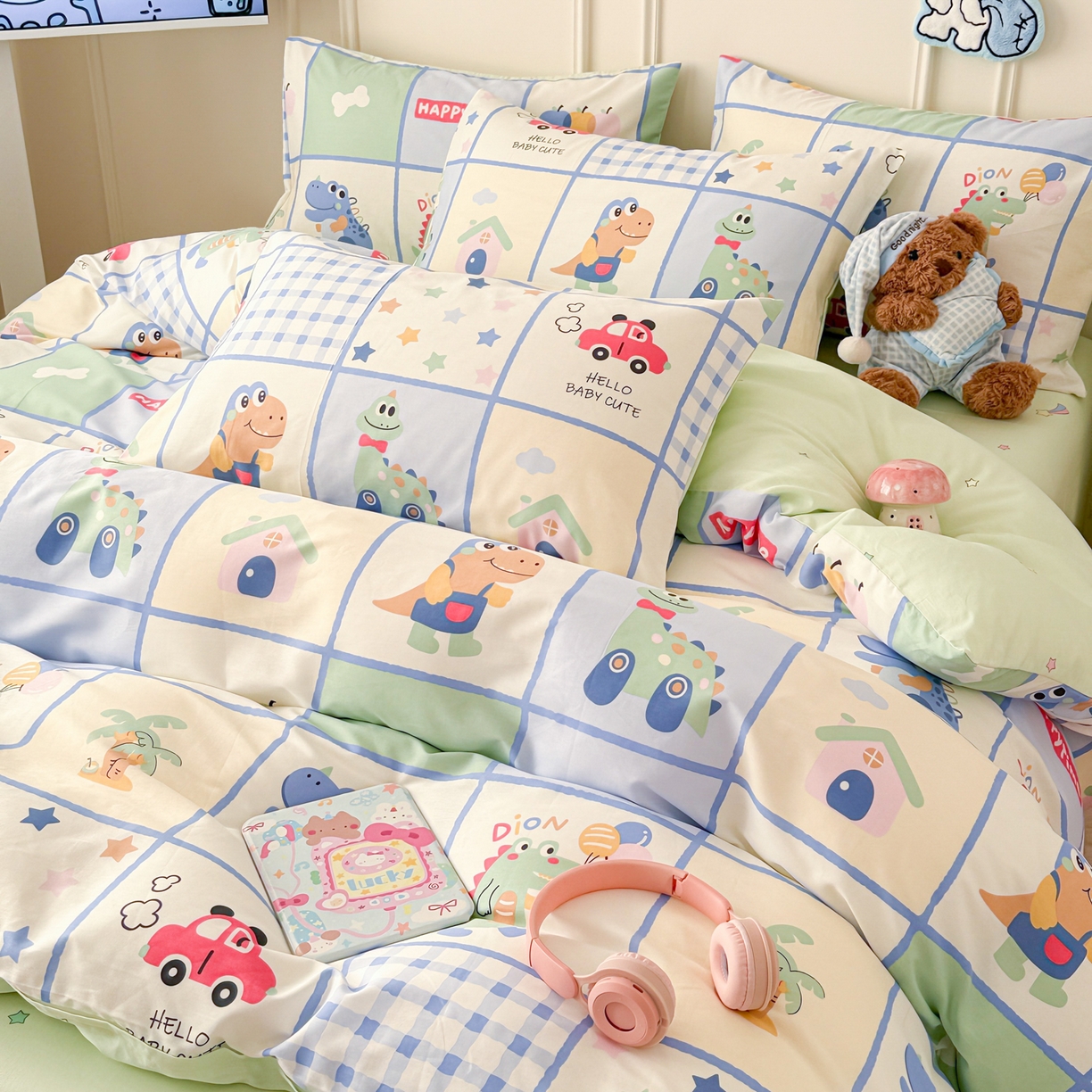 91家纺网 家纺一手货源 找家纺 简宜家居（朝初家纺） 2026新款全棉12868卡通印花四件套大耳朵兔兔系列 元气恐龙格