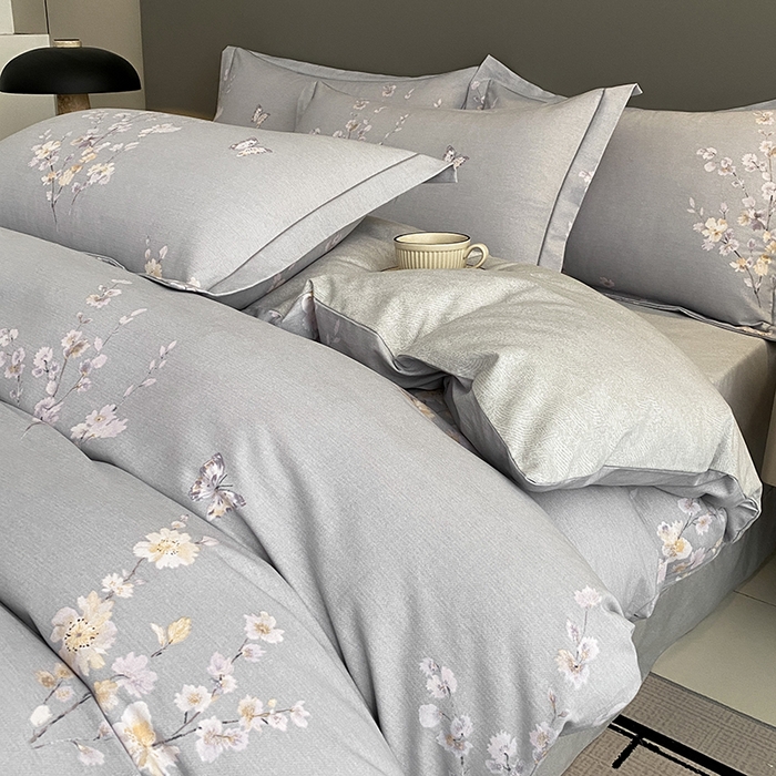 幸嘉轩 2026新款全棉纯棉加厚百分百磨毛四件套花枝倾心-灰