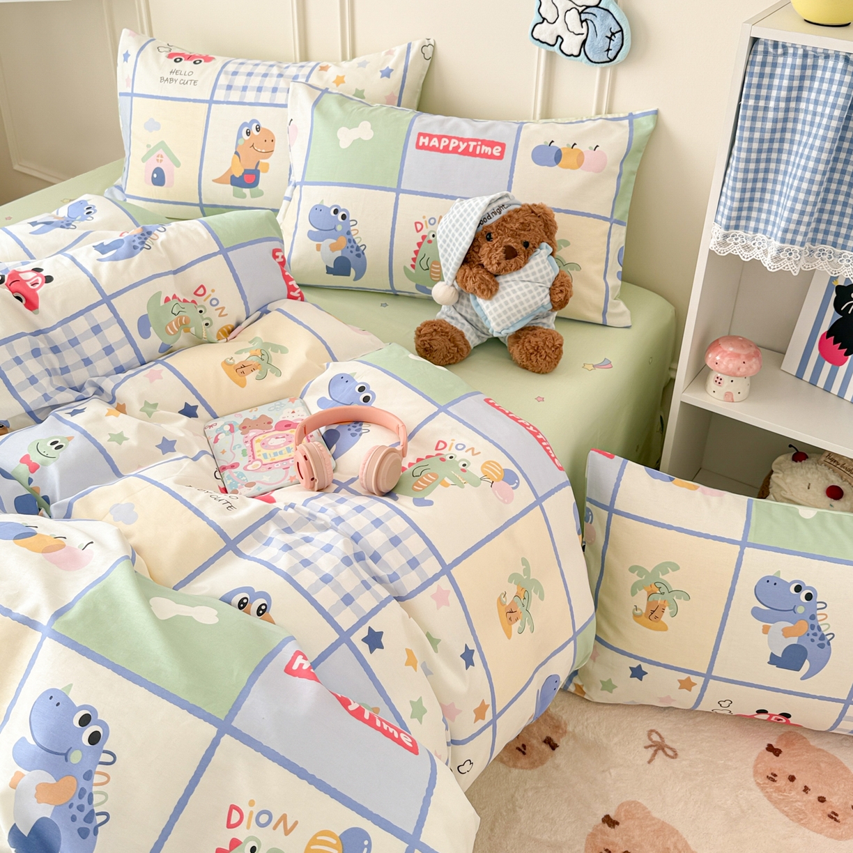 91家纺网 家纺一手货源 找家纺 简宜家居（朝初家纺） 2026新款全棉12868卡通印花四件套大耳朵兔兔系列 元气恐龙格