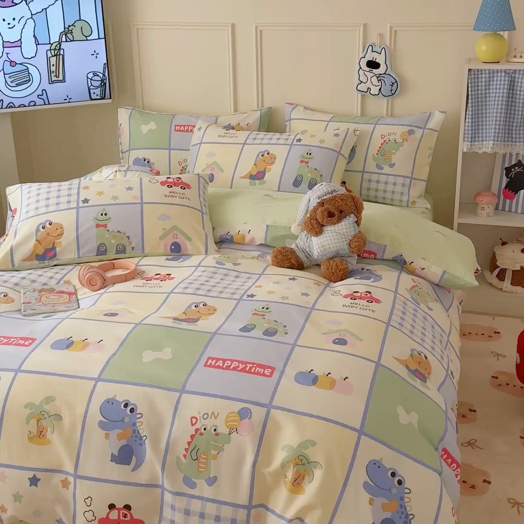 91家纺网 家纺一手货源 找家纺 简宜家居（朝初家纺） 2026新款全棉12868卡通印花四件套大耳朵兔兔系列 元气恐龙格