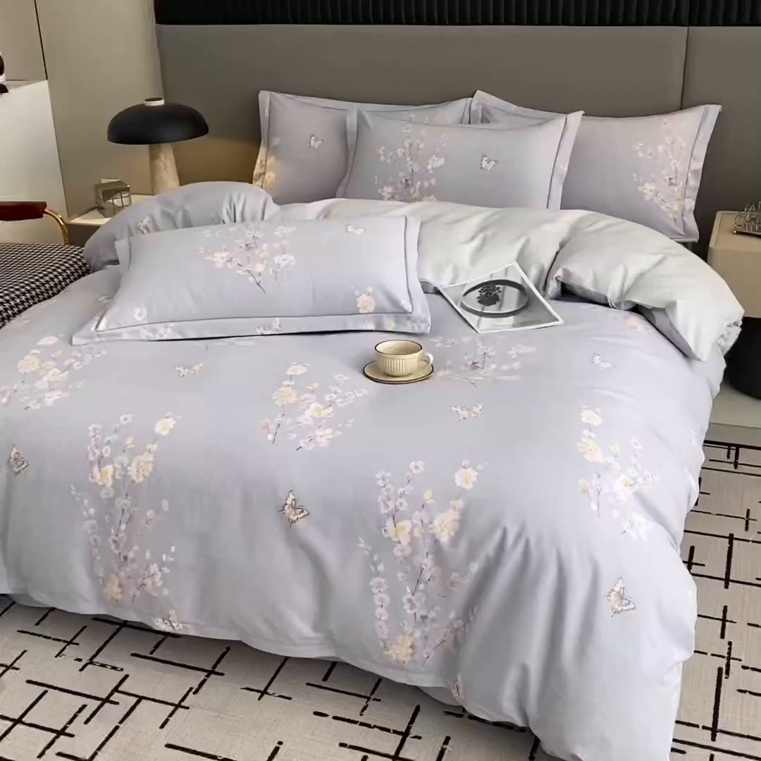 91家纺网 家纺一手货源 找家纺 幸嘉轩 2026新款全棉纯棉加厚百分百磨毛四件套花枝倾心-灰