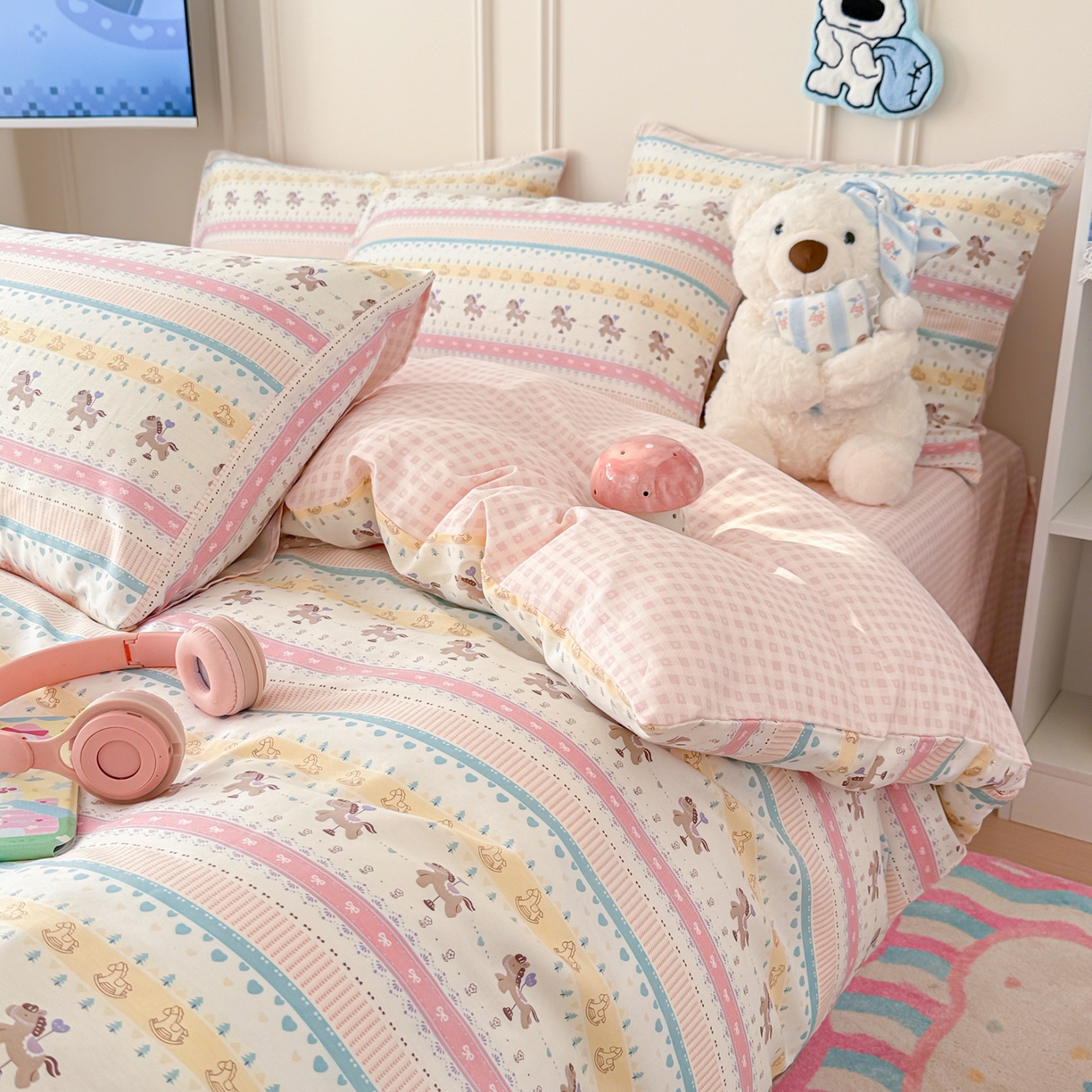 简宜家居（朝初家纺） 2026新款全棉12868卡通印花四件套大耳朵兔兔系列 彩条马仔