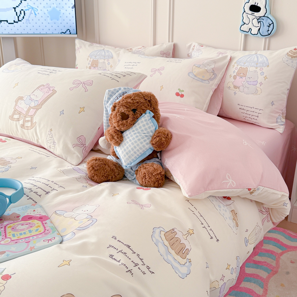 简宜家居（朝初家纺） 2026新款全棉12868卡通印花四件套大耳朵兔兔系列 茶歇时光