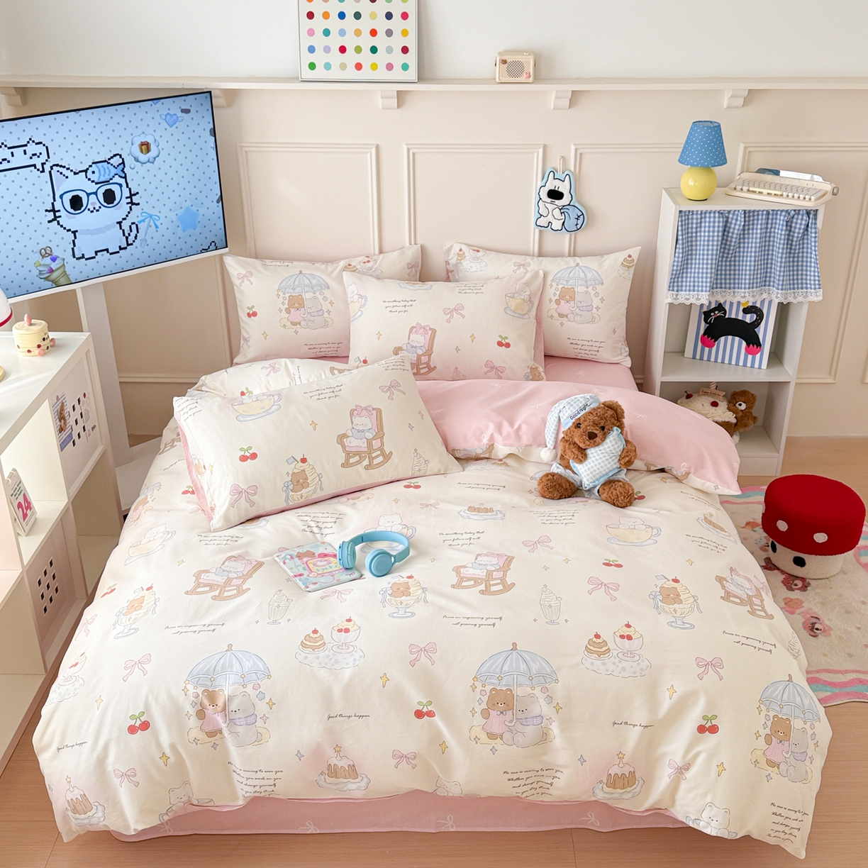 91家纺网 家纺一手货源 找家纺 简宜家居（朝初家纺） 2026新款全棉12868卡通印花四件套大耳朵兔兔系列 茶歇时光