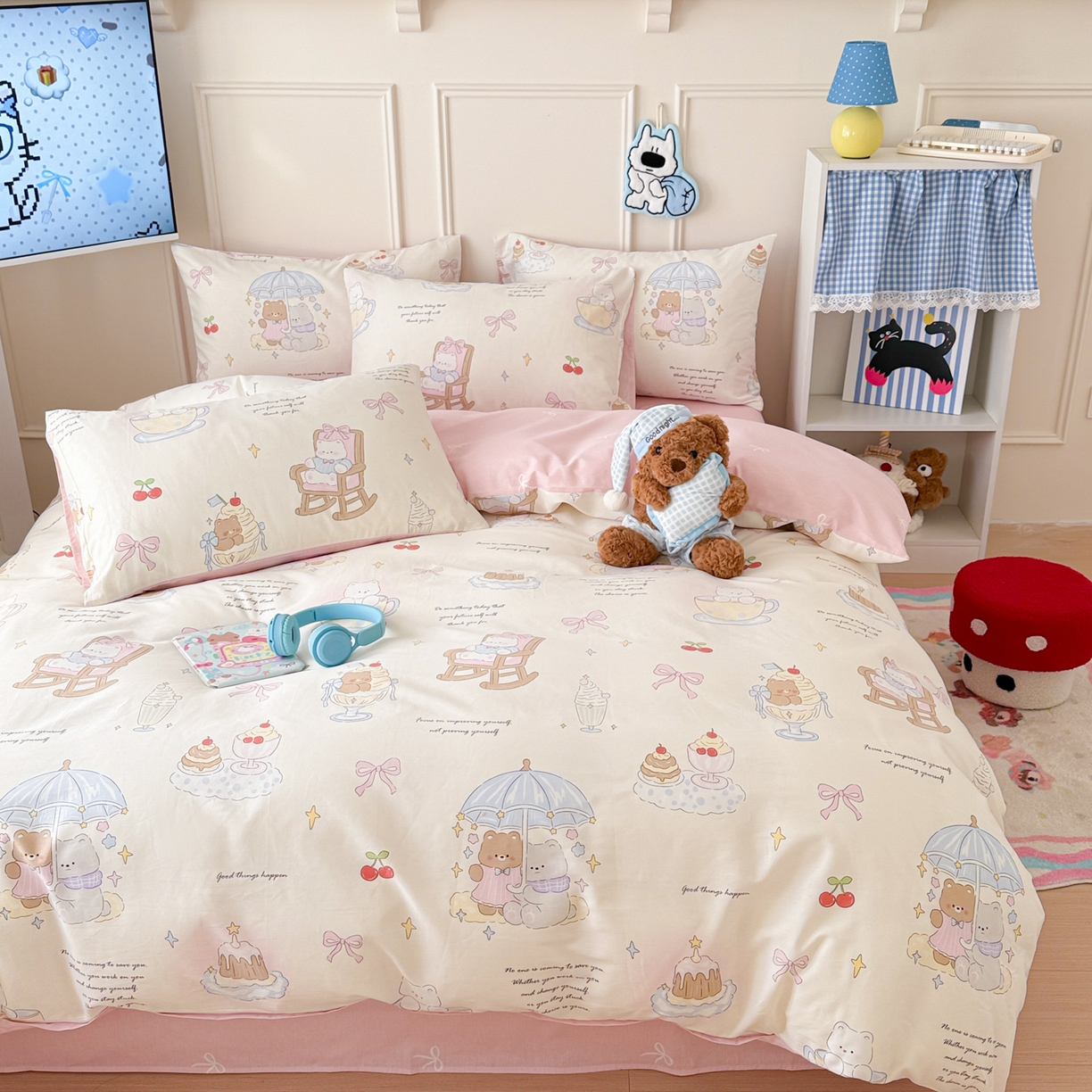 91家纺网 家纺一手货源 找家纺 简宜家居（朝初家纺） 2026新款全棉12868卡通印花四件套大耳朵兔兔系列 茶歇时光