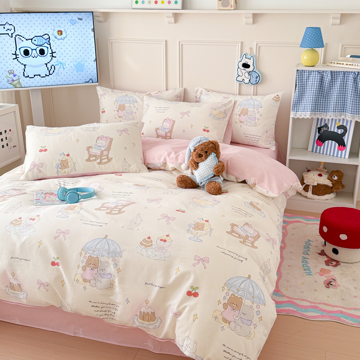 91家纺网 家纺一手货源 找家纺 简宜家居（朝初家纺） 2026新款全棉12868卡通印花四件套大耳朵兔兔系列 茶歇时光