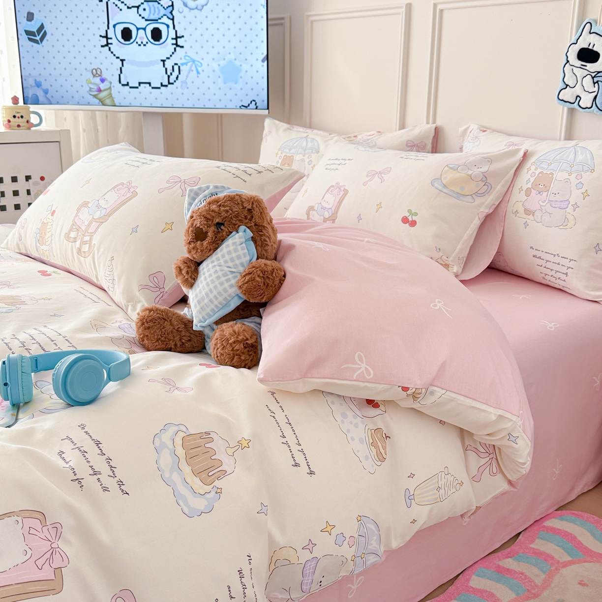 91家纺网 家纺一手货源 找家纺 简宜家居（朝初家纺） 2026新款全棉12868卡通印花四件套大耳朵兔兔系列 茶歇时光