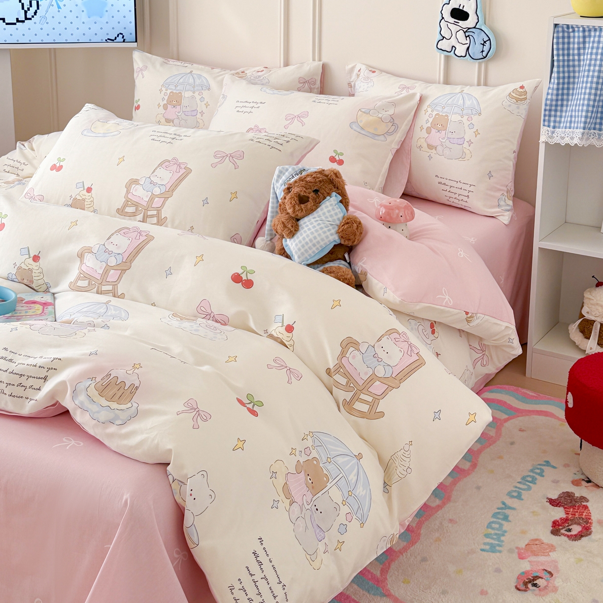 91家纺网 家纺一手货源 找家纺 简宜家居（朝初家纺） 2026新款全棉12868卡通印花四件套大耳朵兔兔系列 茶歇时光