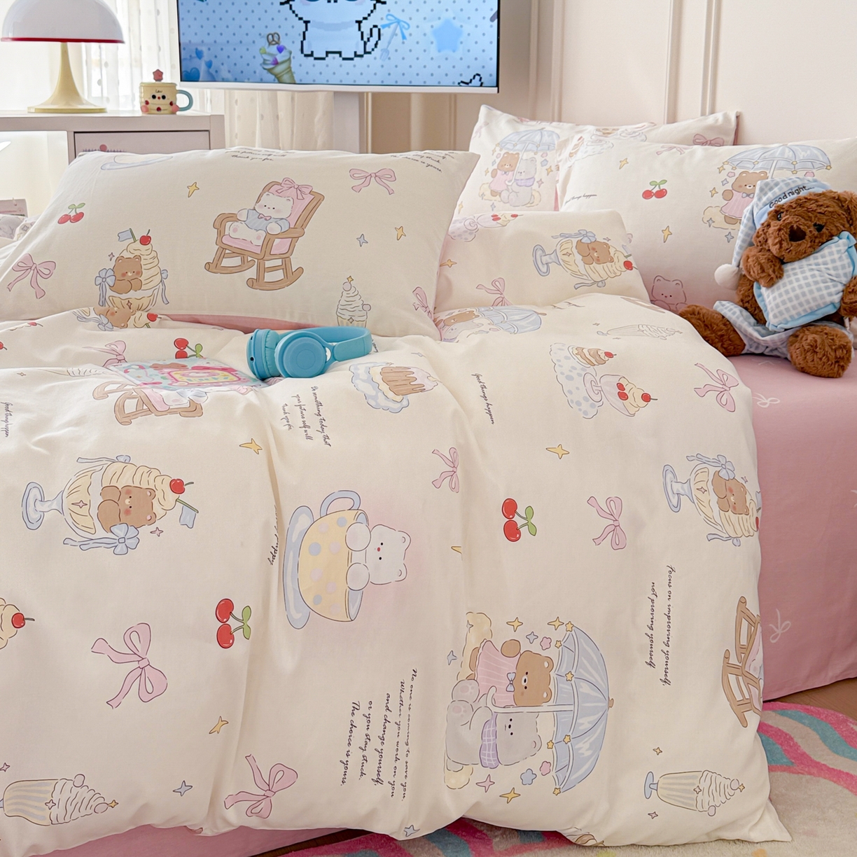 91家纺网 家纺一手货源 找家纺 简宜家居（朝初家纺） 2026新款全棉12868卡通印花四件套大耳朵兔兔系列 茶歇时光