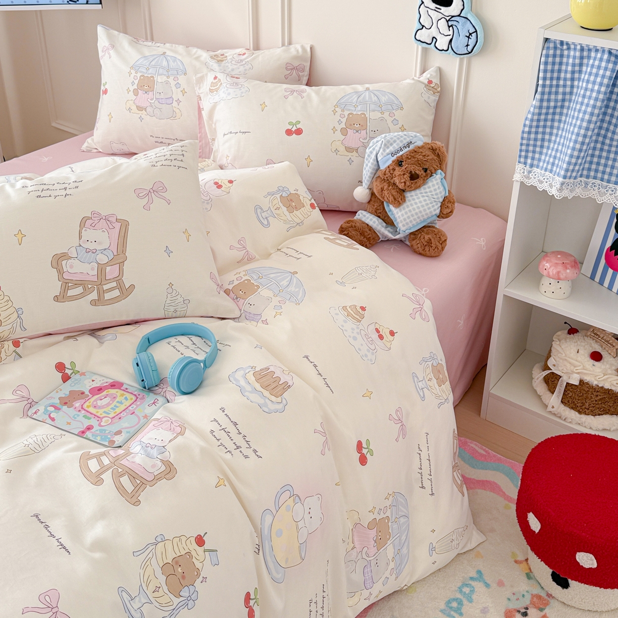 91家纺网 家纺一手货源 找家纺 简宜家居（朝初家纺） 2026新款全棉12868卡通印花四件套大耳朵兔兔系列 茶歇时光