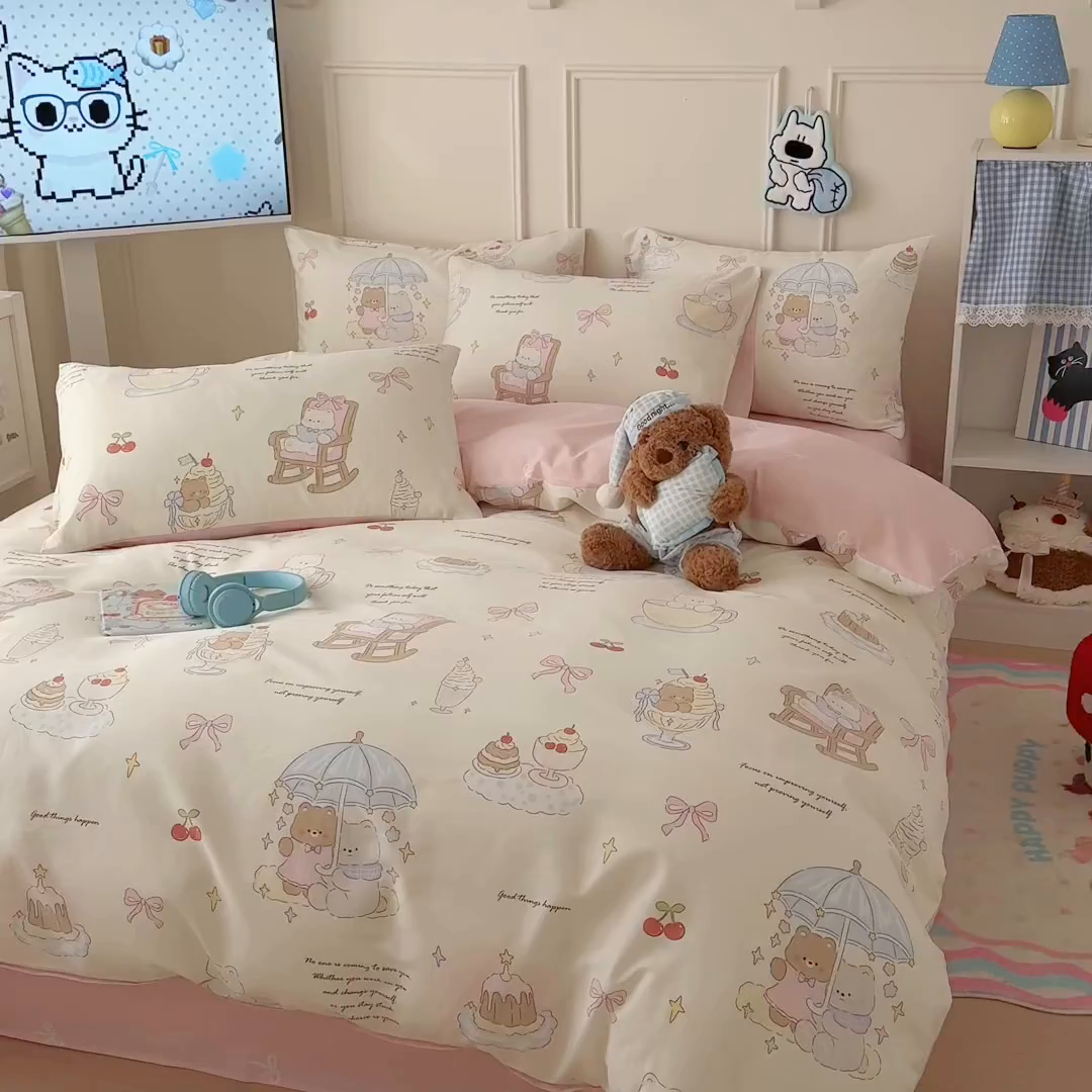 91家纺网 家纺一手货源 找家纺 简宜家居（朝初家纺） 2026新款全棉12868卡通印花四件套大耳朵兔兔系列 茶歇时光
