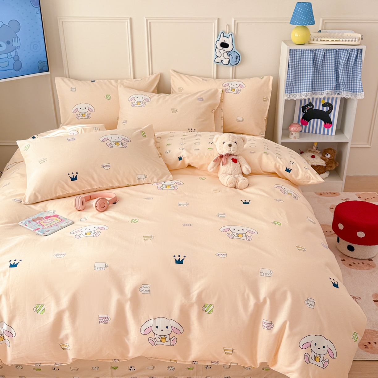 91家纺网 家纺一手货源 找家纺 简宜家居（朝初家纺） 2026新款全棉12868卡通印花四件套大耳朵兔兔系列 大耳朵兔兔