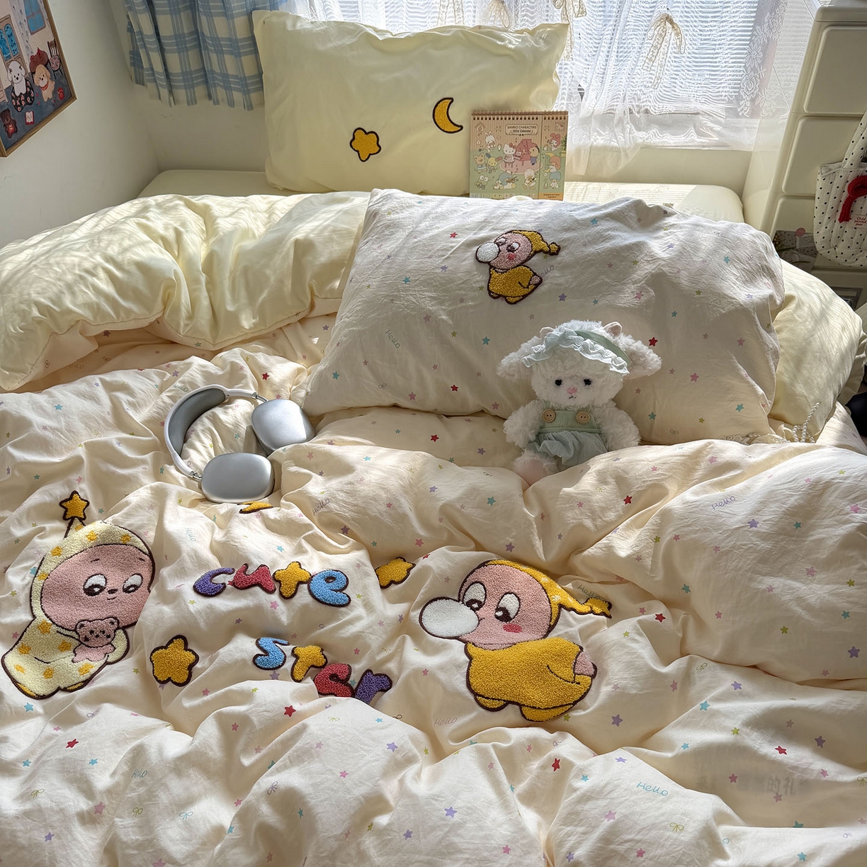 91家纺网 家纺一手货源 找家纺 原素 2026新款新春卡哇伊毛巾绣四件套 泡泡星宝