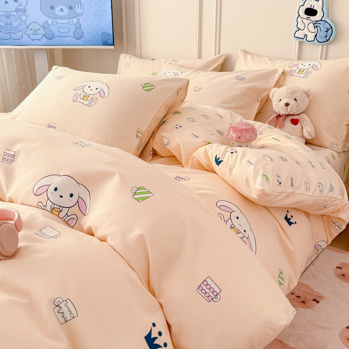 91家纺网 家纺一手货源 找家纺 简宜家居（朝初家纺） 2026新款全棉12868卡通印花四件套大耳朵兔兔系列 大耳朵兔兔