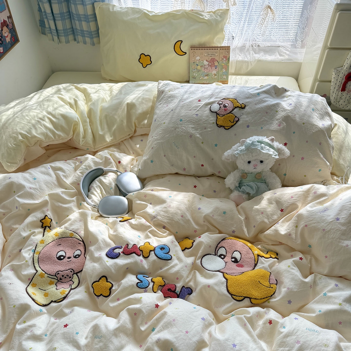 91家纺网 家纺一手货源 找家纺 原素 2026新款新春卡哇伊毛巾绣四件套 泡泡星宝