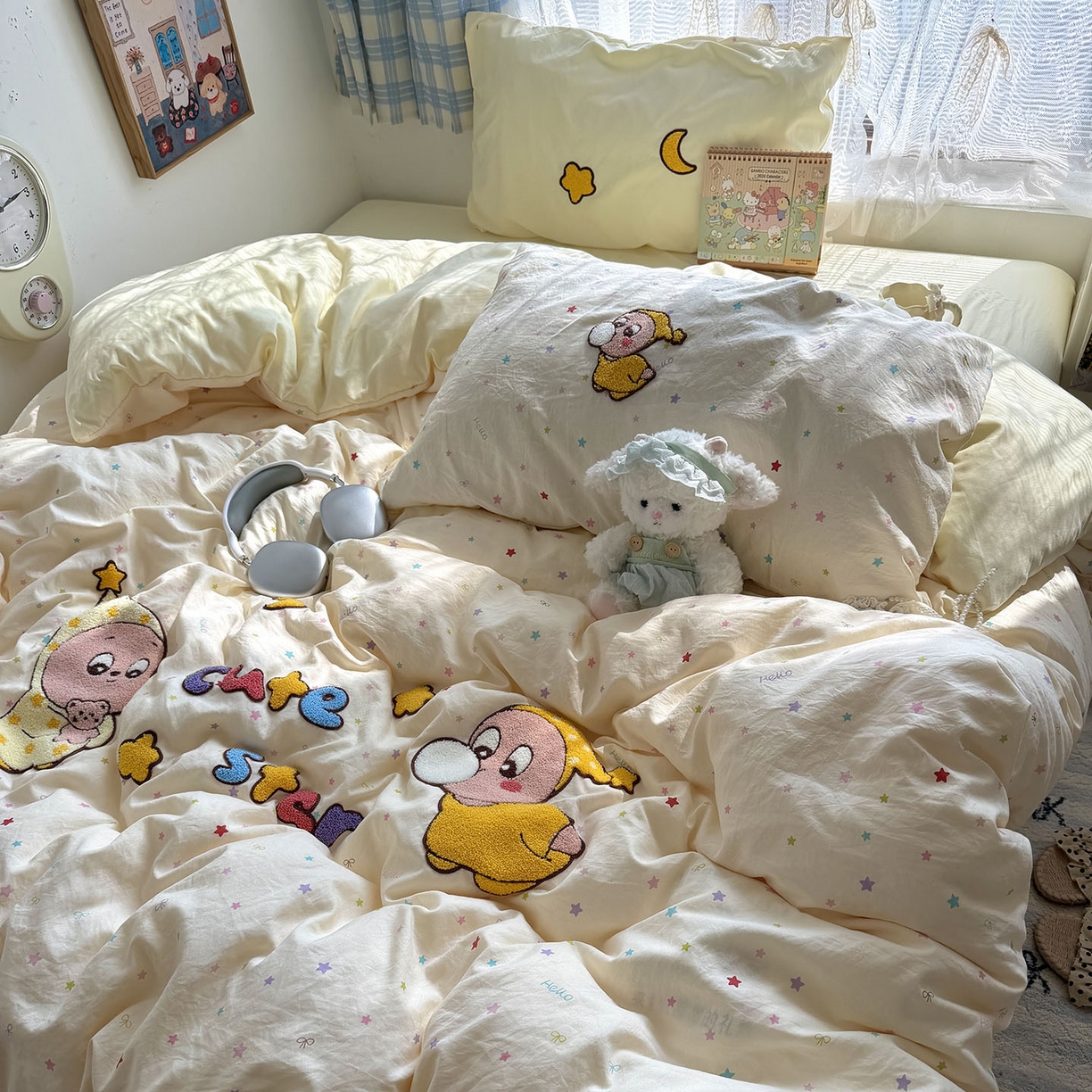 91家纺网 家纺一手货源 找家纺 原素 2026新款新春卡哇伊毛巾绣四件套 泡泡星宝