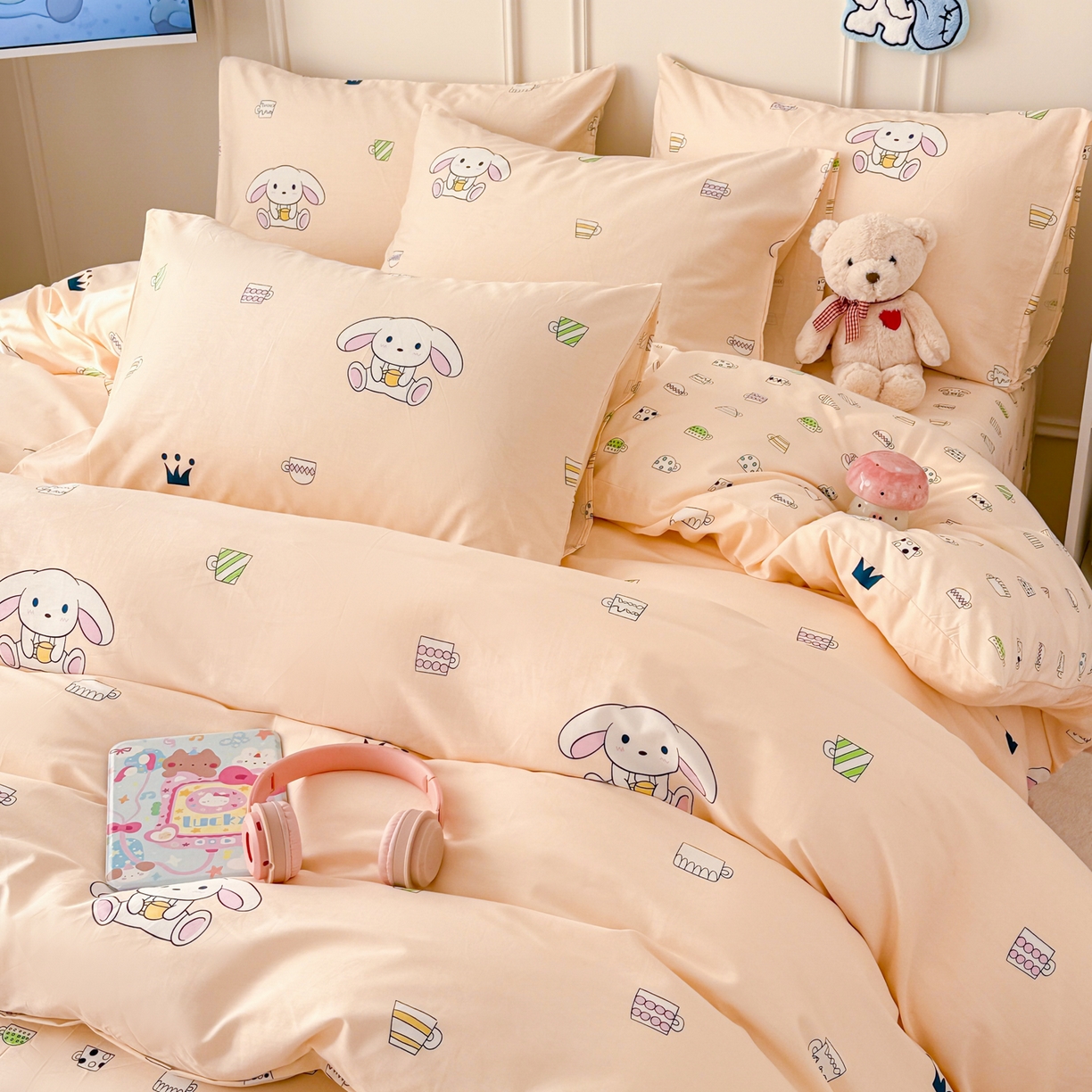 91家纺网 家纺一手货源 找家纺 简宜家居（朝初家纺） 2026新款全棉12868卡通印花四件套大耳朵兔兔系列 大耳朵兔兔