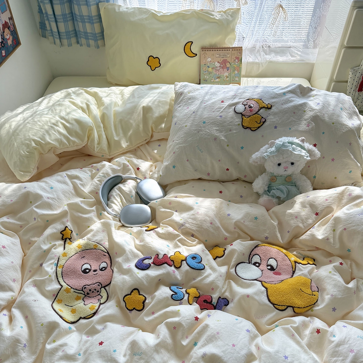 91家纺网 家纺一手货源 找家纺 原素 2026新款新春卡哇伊毛巾绣四件套 泡泡星宝