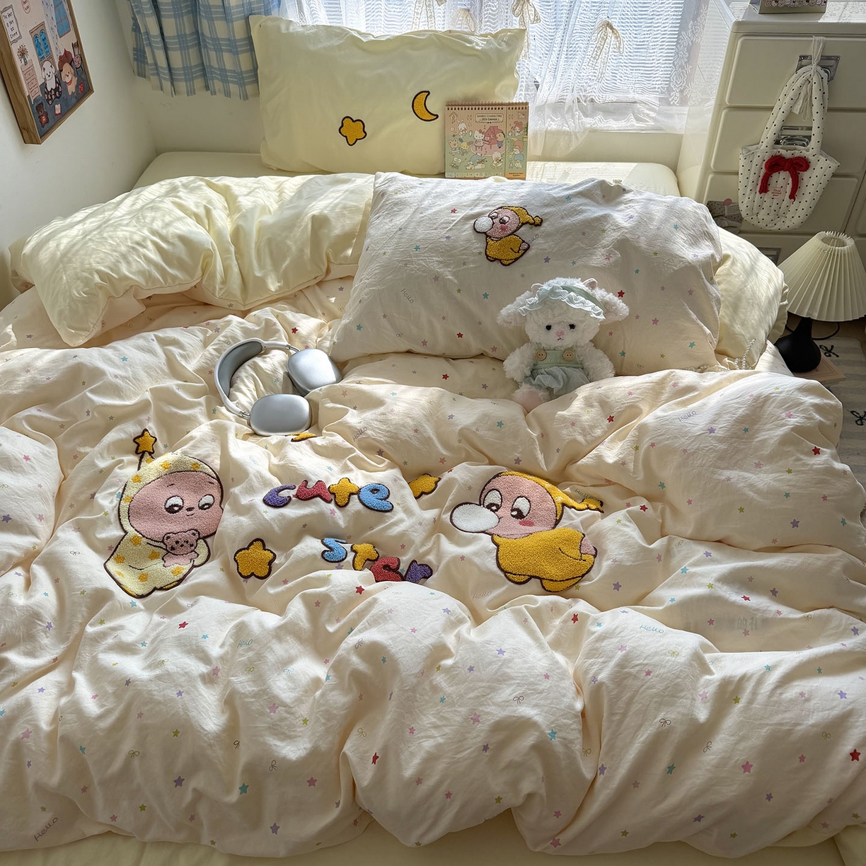 91家纺网 家纺一手货源 找家纺 原素 2026新款新春卡哇伊毛巾绣四件套 泡泡星宝