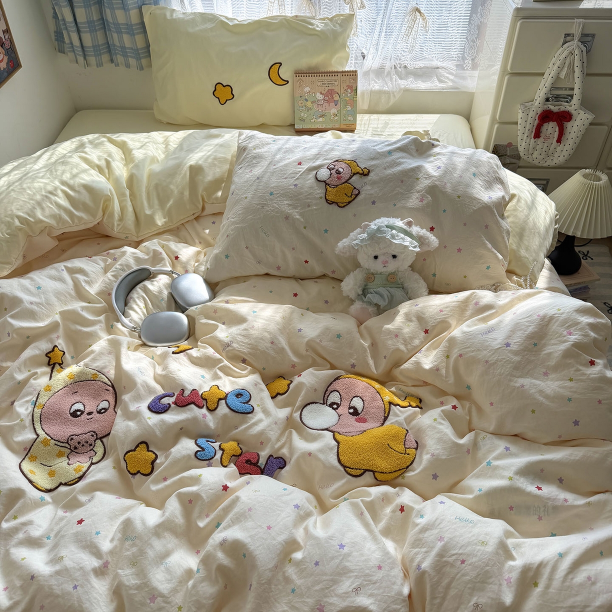 91家纺网 家纺一手货源 找家纺 原素 2026新款新春卡哇伊毛巾绣四件套 泡泡星宝