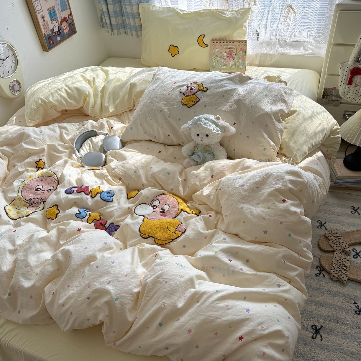 91家纺网 家纺一手货源 找家纺 原素 2026新款新春卡哇伊毛巾绣四件套 泡泡星宝