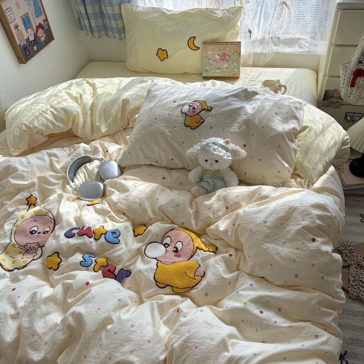 91家纺网 家纺一手货源 找家纺 原素 2026新款新春卡哇伊毛巾绣四件套 泡泡星宝