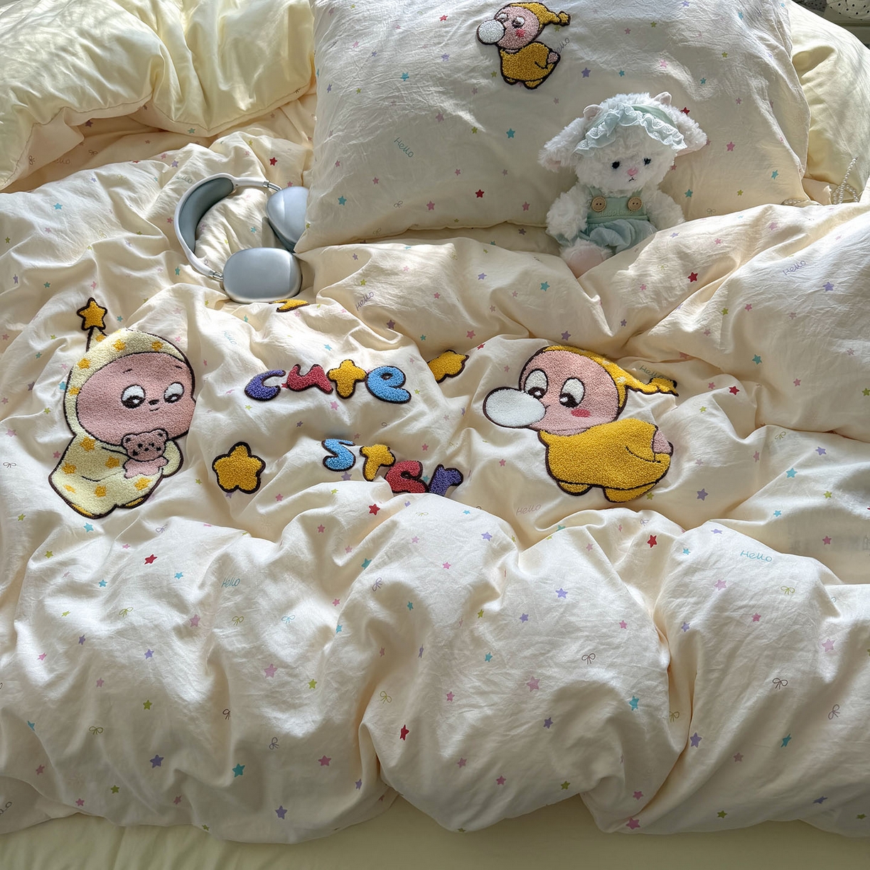 91家纺网 家纺一手货源 找家纺 原素 2026新款新春卡哇伊毛巾绣四件套 泡泡星宝