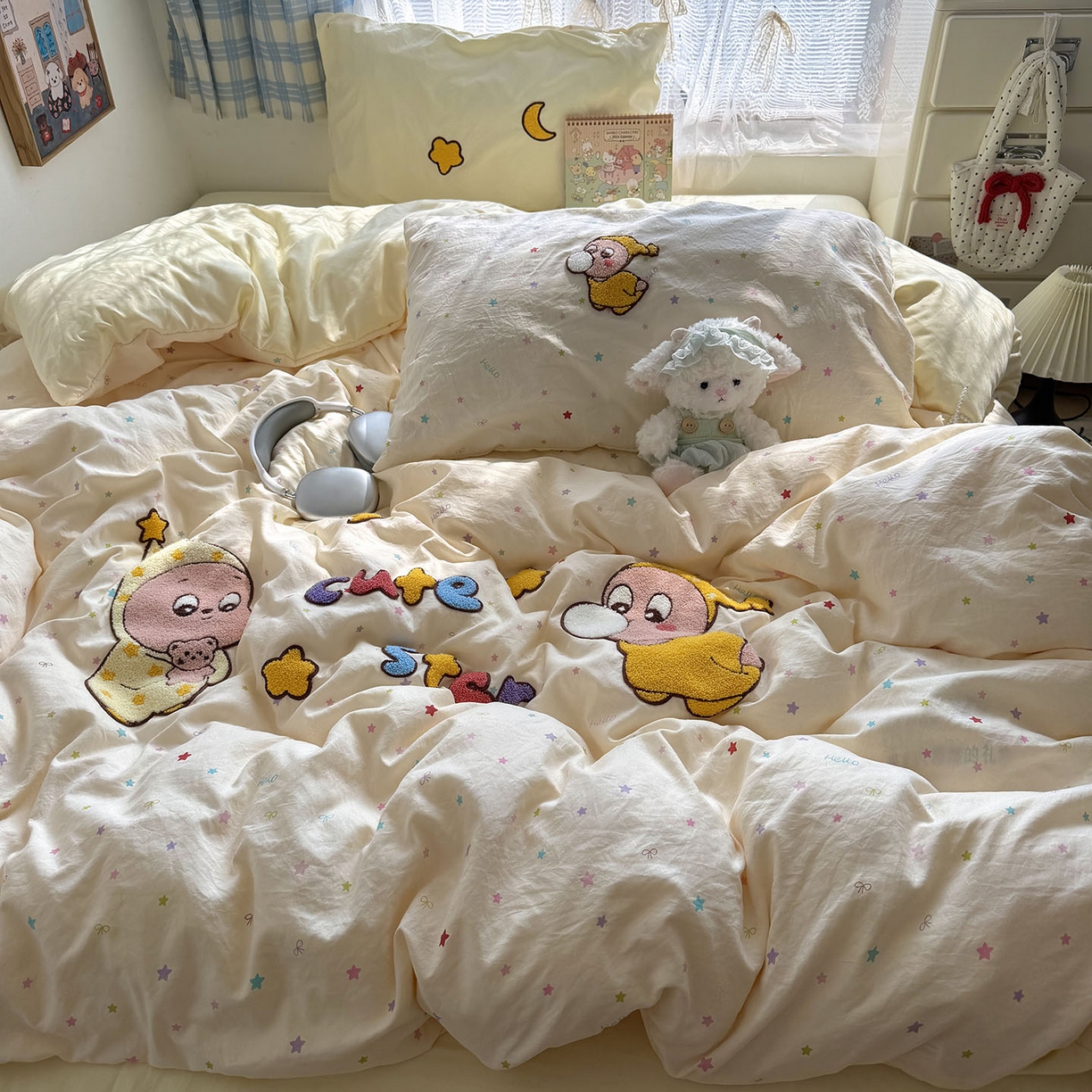 91家纺网 家纺一手货源 找家纺 原素 2026新款新春卡哇伊毛巾绣四件套 泡泡星宝