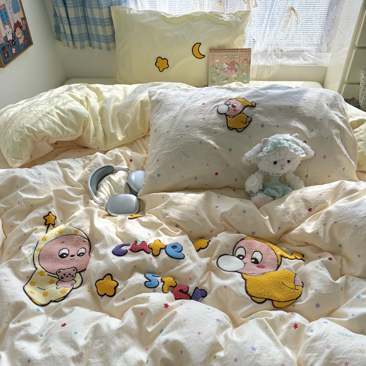 91家纺网 家纺一手货源 找家纺 原素 2026新款新春卡哇伊毛巾绣四件套 泡泡星宝