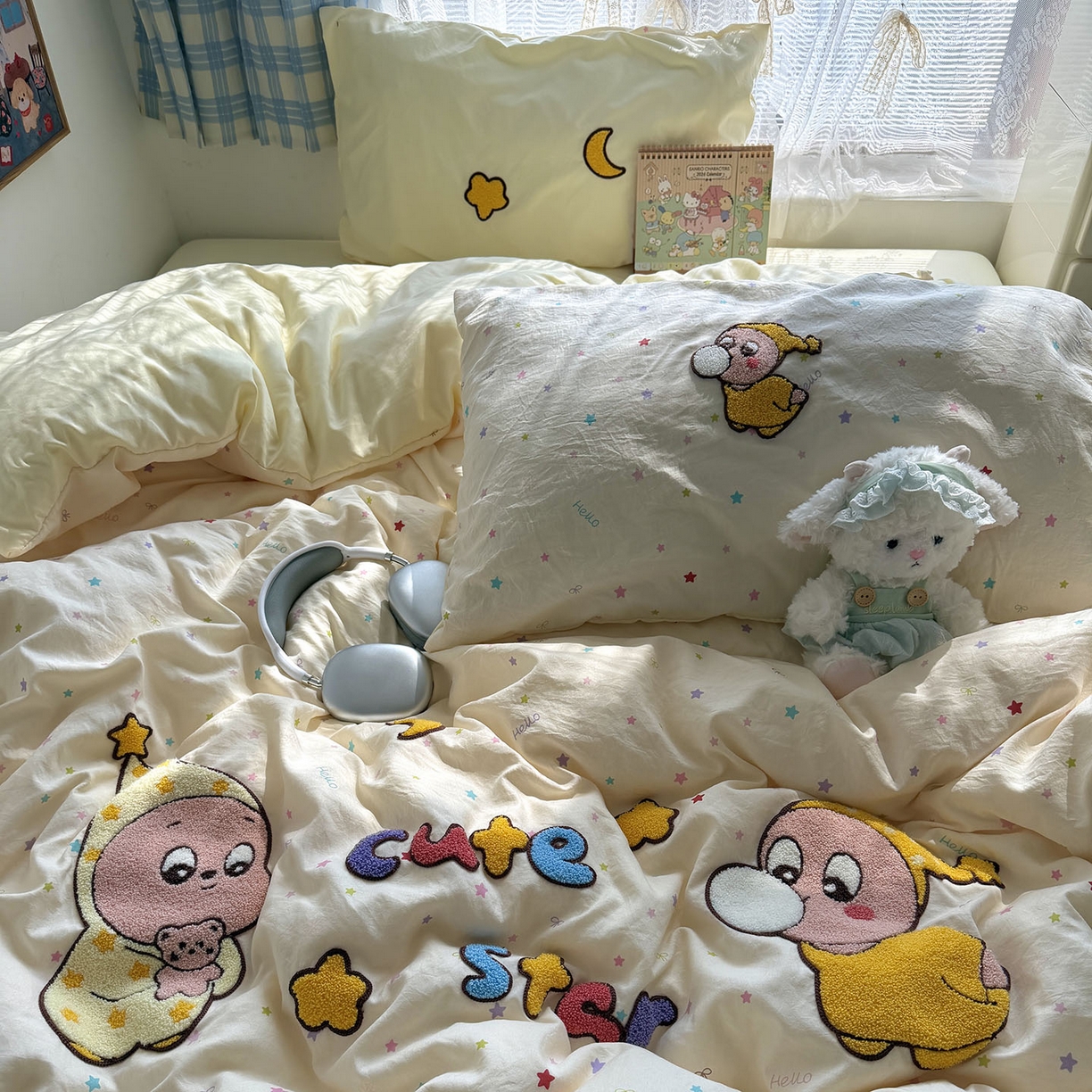 91家纺网 家纺一手货源 找家纺 原素 2026新款新春卡哇伊毛巾绣四件套 泡泡星宝