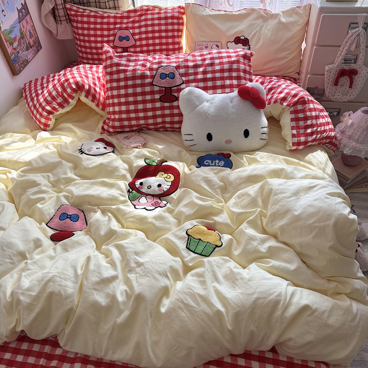 原素 2026新款新春卡哇伊毛巾绣四件套 苹果KT猫