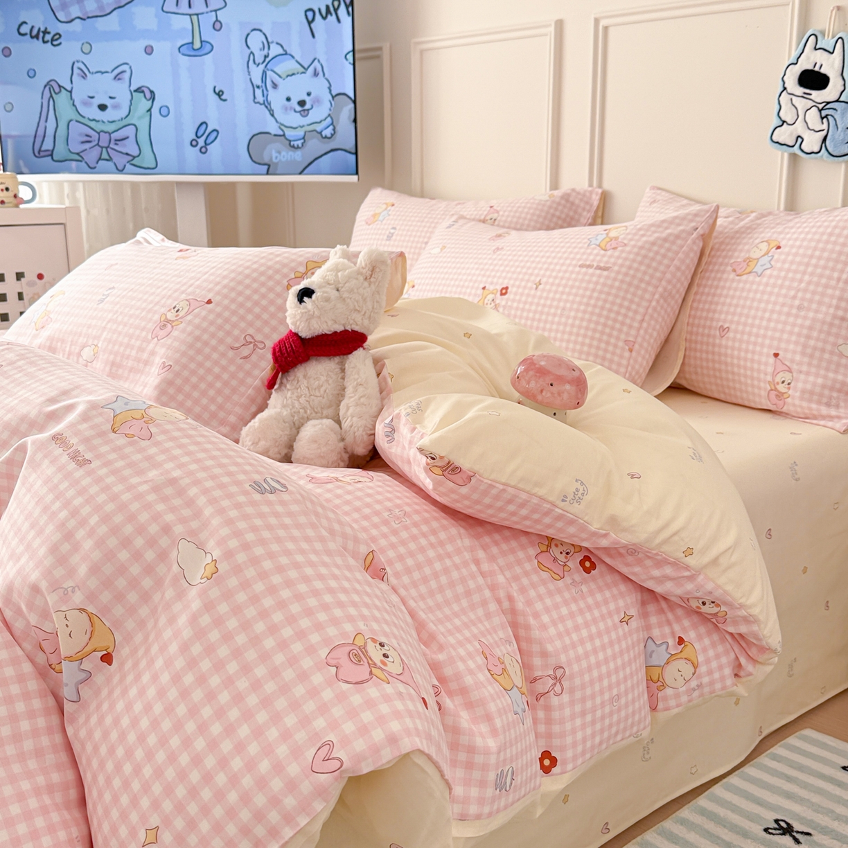 91家纺网 家纺一手货源 找家纺 简宜家居（朝初家纺） 2026新款全棉12868卡通印花四件套大耳朵兔兔系列 粉格甜崽