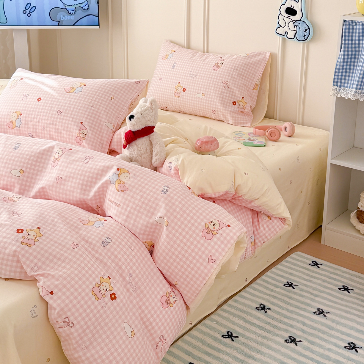 91家纺网 家纺一手货源 找家纺 简宜家居（朝初家纺） 2026新款全棉12868卡通印花四件套大耳朵兔兔系列 粉格甜崽