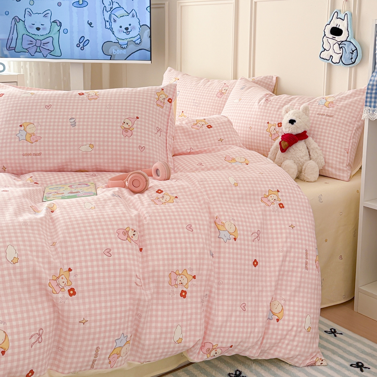 91家纺网 家纺一手货源 找家纺 简宜家居（朝初家纺） 2026新款全棉12868卡通印花四件套大耳朵兔兔系列 粉格甜崽