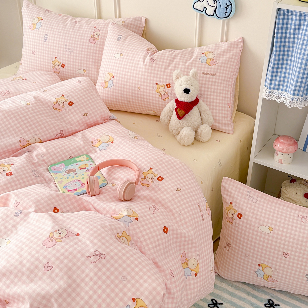 91家纺网 家纺一手货源 找家纺 简宜家居（朝初家纺） 2026新款全棉12868卡通印花四件套大耳朵兔兔系列 粉格甜崽