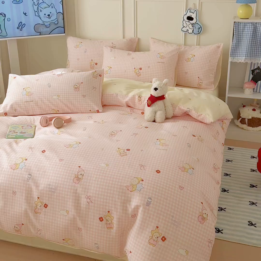 91家纺网 家纺一手货源 找家纺 简宜家居（朝初家纺） 2026新款全棉12868卡通印花四件套大耳朵兔兔系列 粉格甜崽