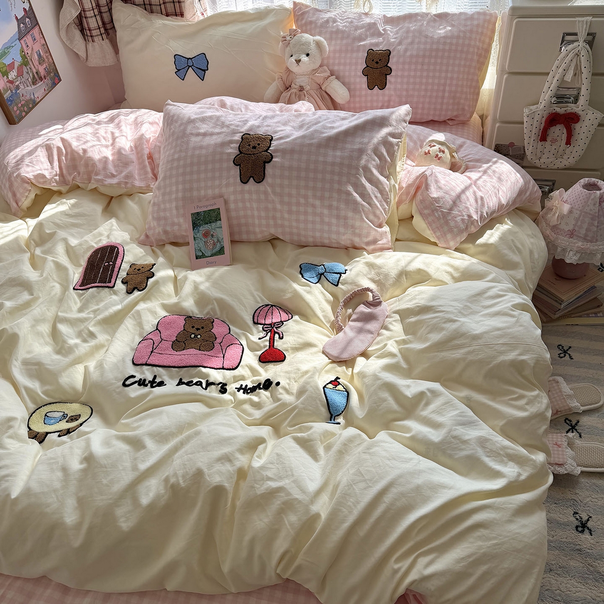 原素 2026新款新春卡哇伊毛巾绣四件套 沙发抱抱熊