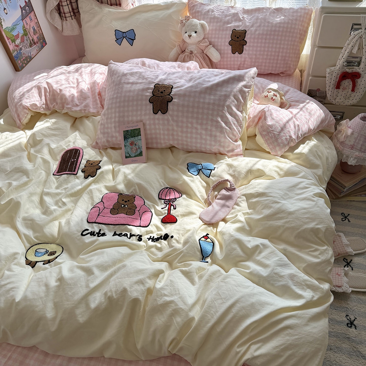 91家纺网 家纺一手货源 找家纺 原素 2026新款新春卡哇伊毛巾绣四件套 沙发抱抱熊