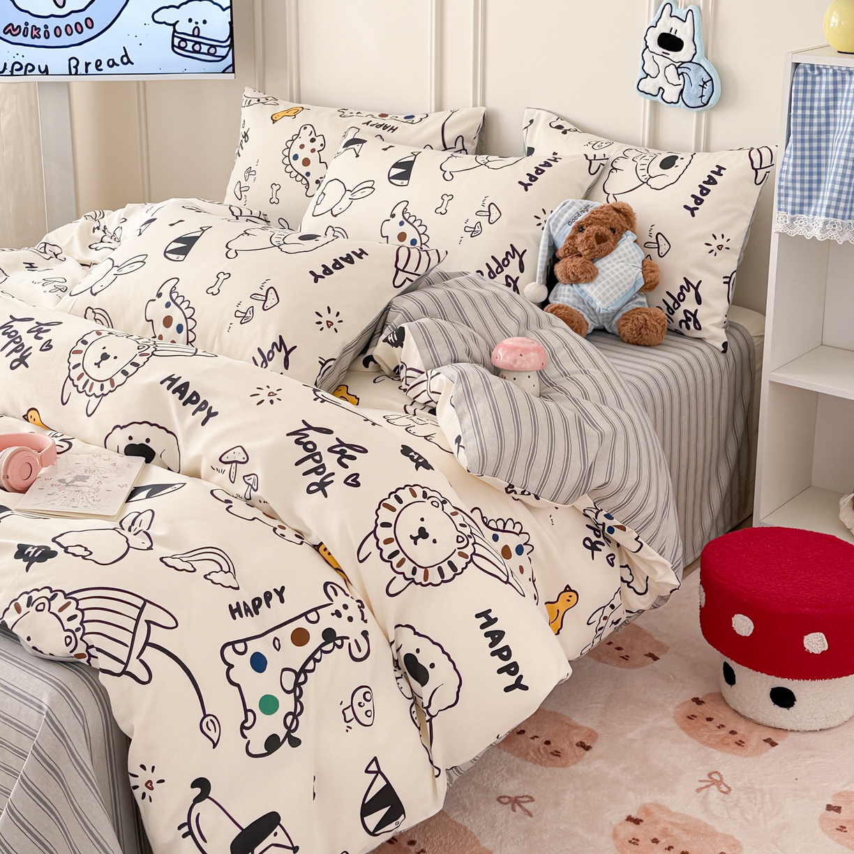 91家纺网 家纺一手货源 找家纺 简宜家居（朝初家纺） 2026新款全棉12868卡通印花四件套大耳朵兔兔系列 黑白动物集