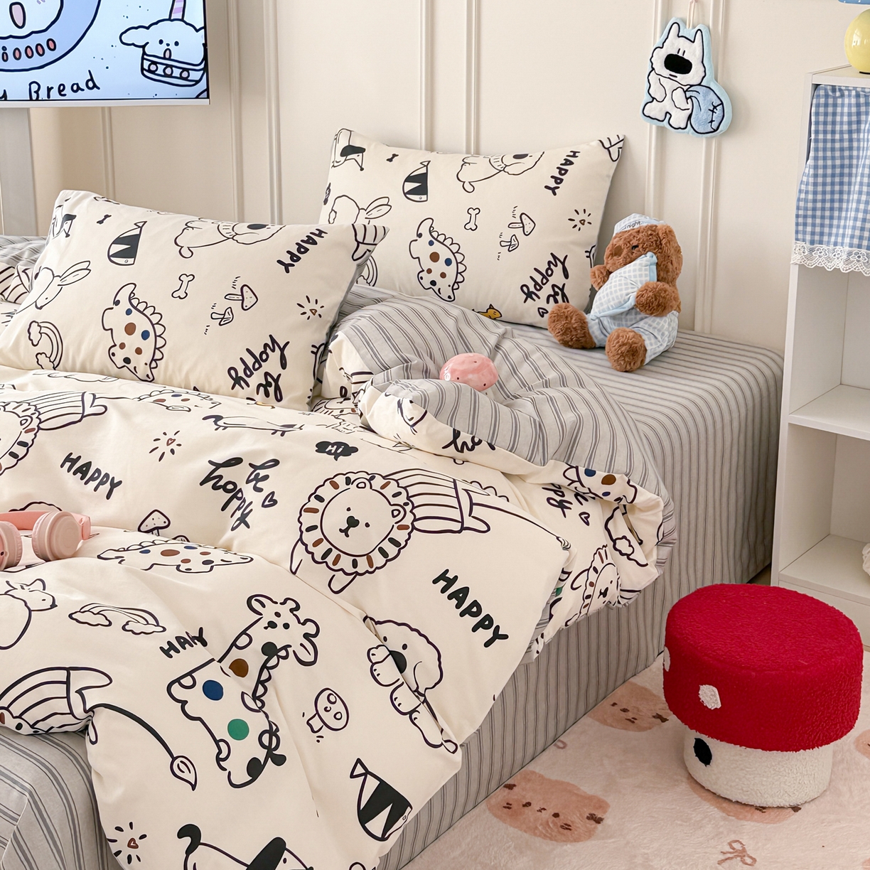 91家纺网 家纺一手货源 找家纺 简宜家居（朝初家纺） 2026新款全棉12868卡通印花四件套大耳朵兔兔系列 黑白动物集