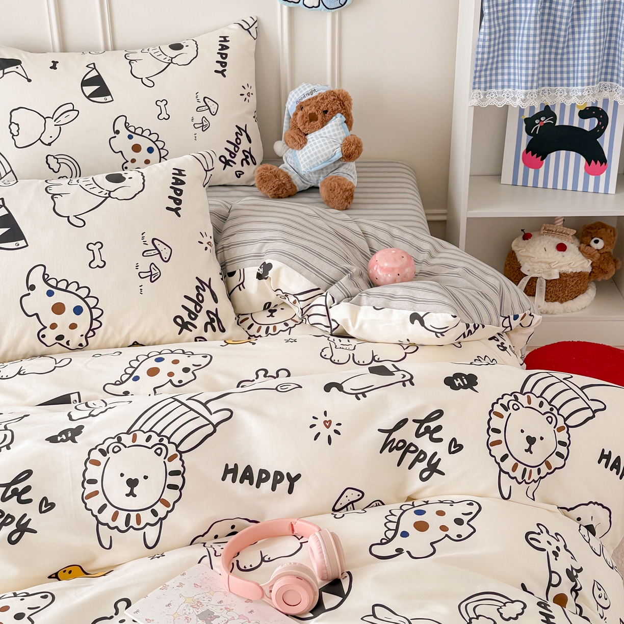 91家纺网 家纺一手货源 找家纺 简宜家居（朝初家纺） 2026新款全棉12868卡通印花四件套大耳朵兔兔系列 黑白动物集